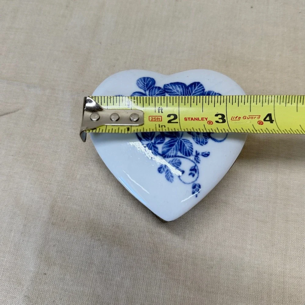 Vintage Heart Trinket Box Brass Porcelain Blue Floral Jewelry Keepsake 1970s